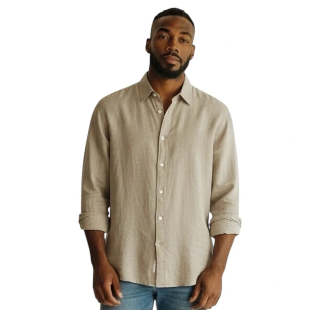 MICHAEL KORS Linen Long Sleeve Shirt in Tan Size XXL